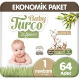 Baby Turco Doğadan Ekonomik Yenidoğan 1 Numara Göbek Oyuntulu Bantlı Bebek Bezi 64 Adet