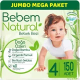 Bebem Natural Doğa Özleri 4 Numara Organik Cırtlı Bebek Bezi 150 Adet