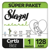 Sleepy Natural Süper Paket 1 Numara Organik Göbek Oyuntulu cırtlı Bebek Bezi 128 Adet