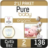 Pure Baby Pamuklu 2 Numara Organik Cırtlı Bebek Bezi 136 Adet