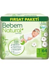 Bebem Natural Doğa Özleri 1 Numara Organik Cırtlı Bebek Bezi 64 Adet