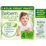 Bebem Natural Doğa Özleri 4 Numara Organik Cırtlı Bebek Bezi 360 Adet + Evony Maske 10'lu Hediyeli