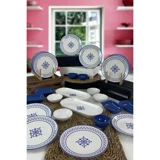 Keramika Etnica Yuvarlak Desenli 25 Parça 12 Kişilik Seramik Kahvaltı Takımı Beyaz-Mavi