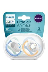 Philips Avent Ultra Air Animals SCF080/07 0-6 Ay Delikli Ortodontik Yenidoğan Damaklı Silikon 2'li Emzik Mavi Yeşil