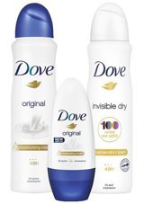 Dove Invisible Dry Pudralı Ter Önleyici Antiperspirant Sprey Roll-On Kadın Deodorant 150 ml + Original Kadın Sprey Deodorant 150 ml + Original Kadın Roll-On Deodorant 50 ml
