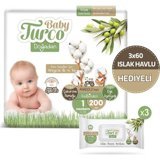 Baby Turco Doğadan Yenidoğan Organik Göbek Oyuntulu Cırtlı Bebek Bezi 200 Adet+Islak Bebek Havlusu 3 Adet