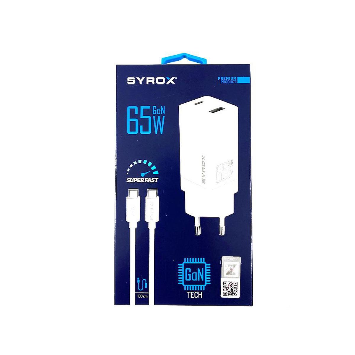 Syrox Universal Type-C Kablolu 65 W 3 Amper Hızlı Şarj Aleti Beyaz