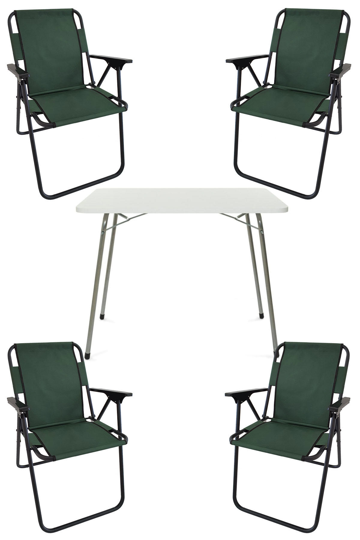 Bofigo 60 x 80 cm Tabureli Çantalı Dikdörtgen Granit Katlanır Kamp Masası Beyaz + 4 Adet Katlanır Sandalye Yeşil