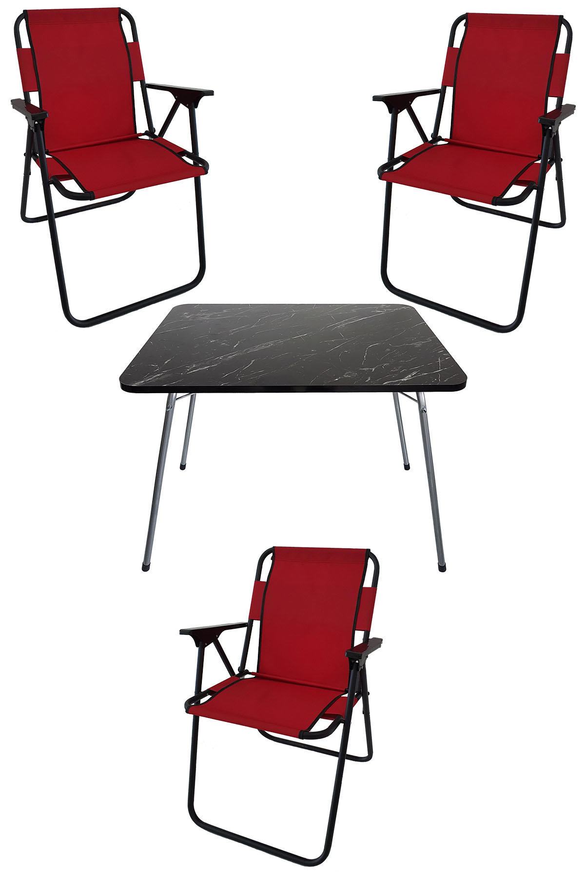 Bofigo 60 x 80 cm Tabureli Çantalı Dikdörtgen Granit Katlanır Kamp Masası Kırmızı + 3 Adet Katlanır Sandalye Kırmızı