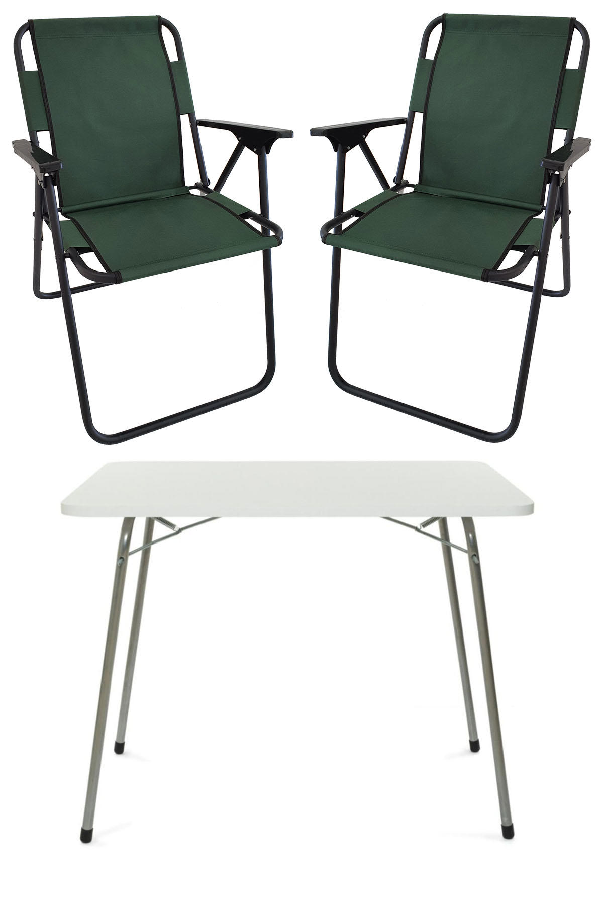 Bofigo 60 x 80 cm Tabureli Çantalı Dikdörtgen Granit Katlanır Kamp Masası Beyaz + 2 Adet Katlanır Sandalye Yeşil
