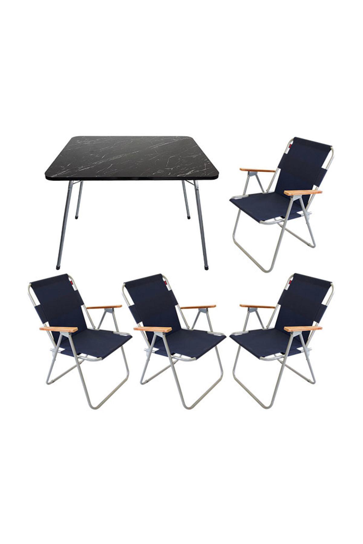Bofigo 60 x 80 cm Tabureli Çantalı Dikdörtgen Granit Katlanır Kamp Masası Siyah + 4 Adet Katlanır Sandalye