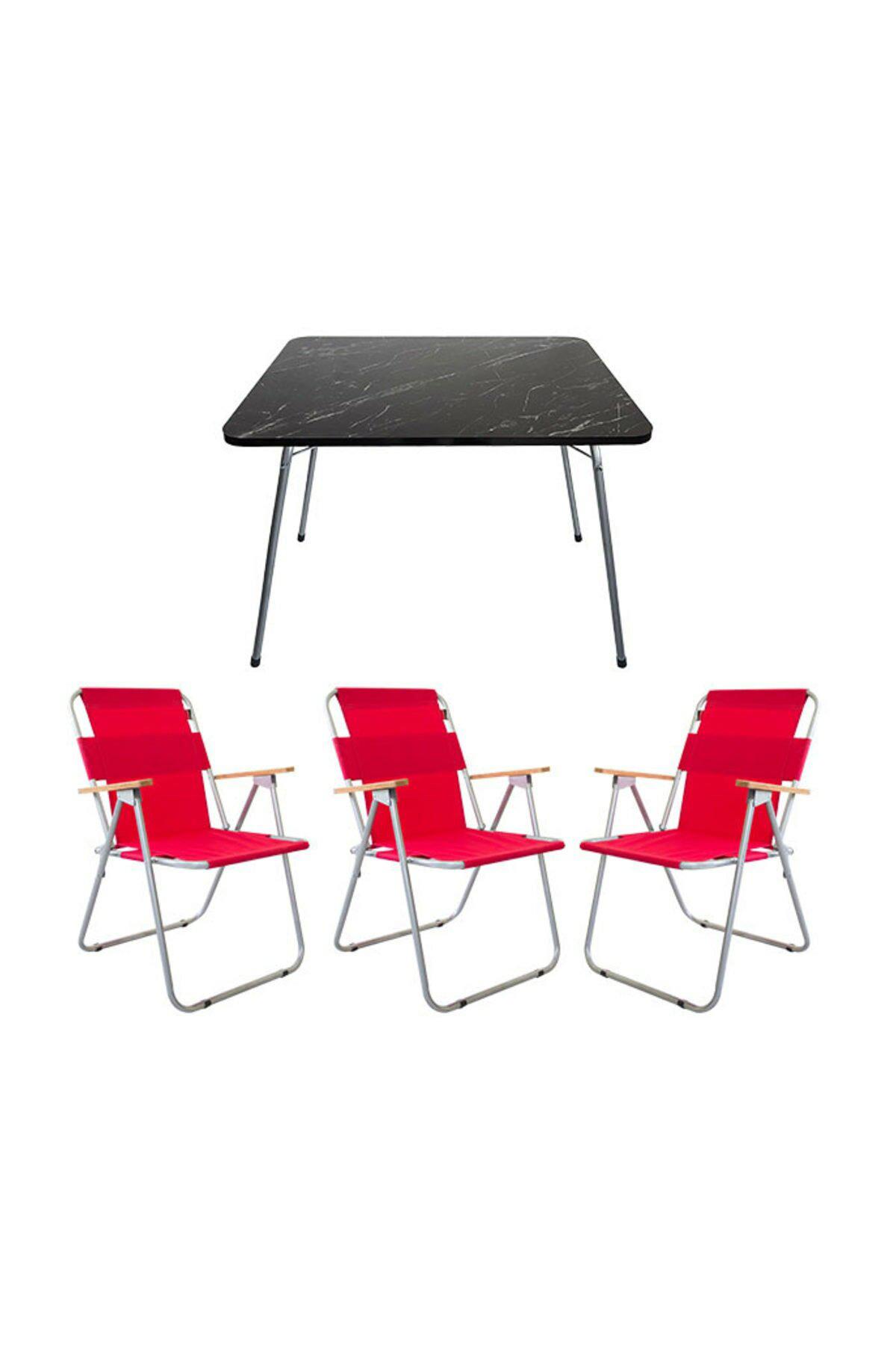 Bofigo 60 x 80 cm Tabureli Çantalı Dikdörtgen Granit Katlanır Kamp Masası Sİyah + 3 Adet Katlanır Sandalye Kırmızı