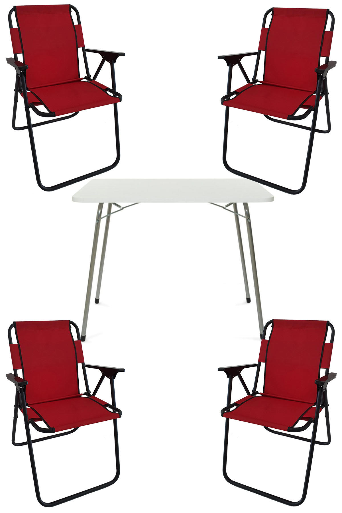 Bofigo 60 x 80 cm Tabureli Çantalı Dikdörtgen Granit Katlanır Kamp Masası Beyaz + 4 Adet Katlanır Sandalye Kırmızı