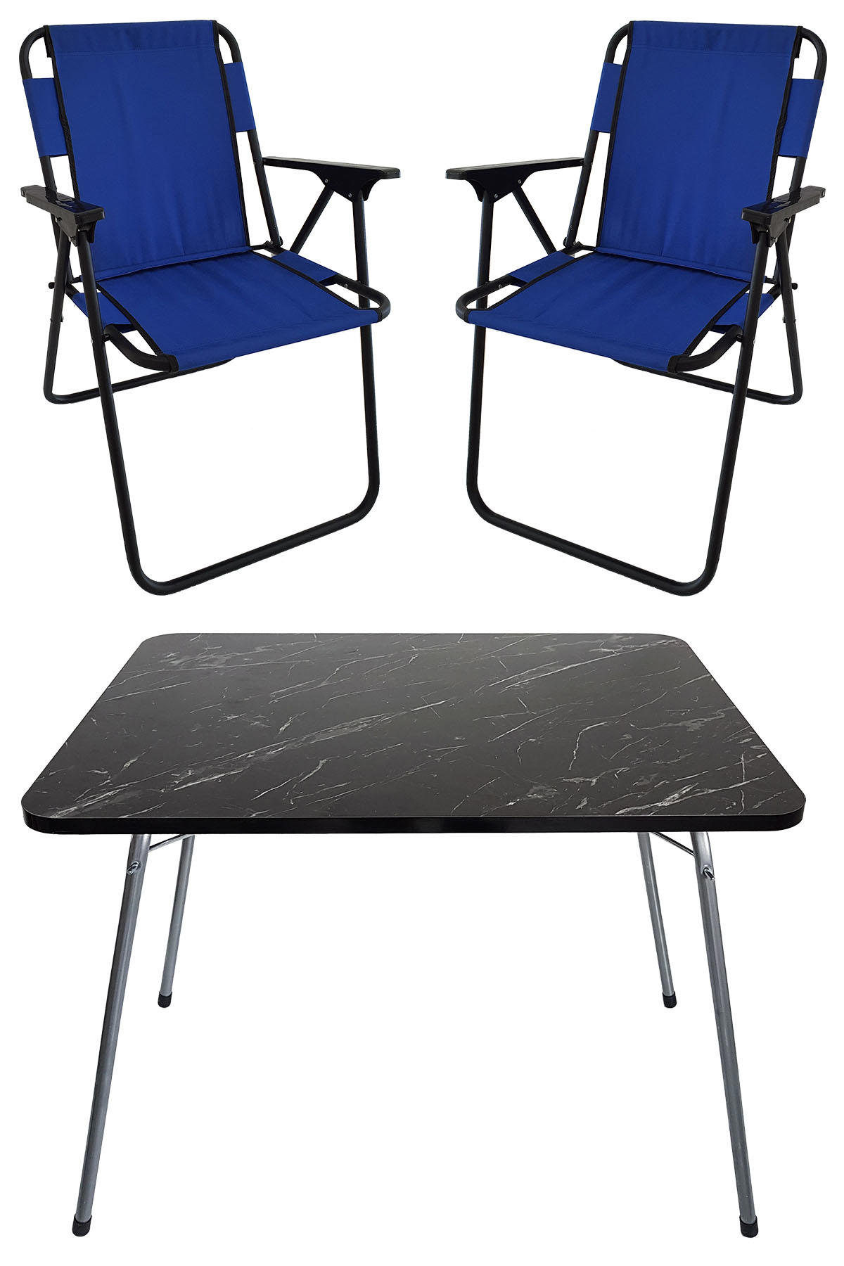 Bofigo 60 x 80 cm Tabureli Çantalı Dikdörtgen Granit Katlanır Kamp Masası Mavi + 2 Adet Katlanır Sandalye