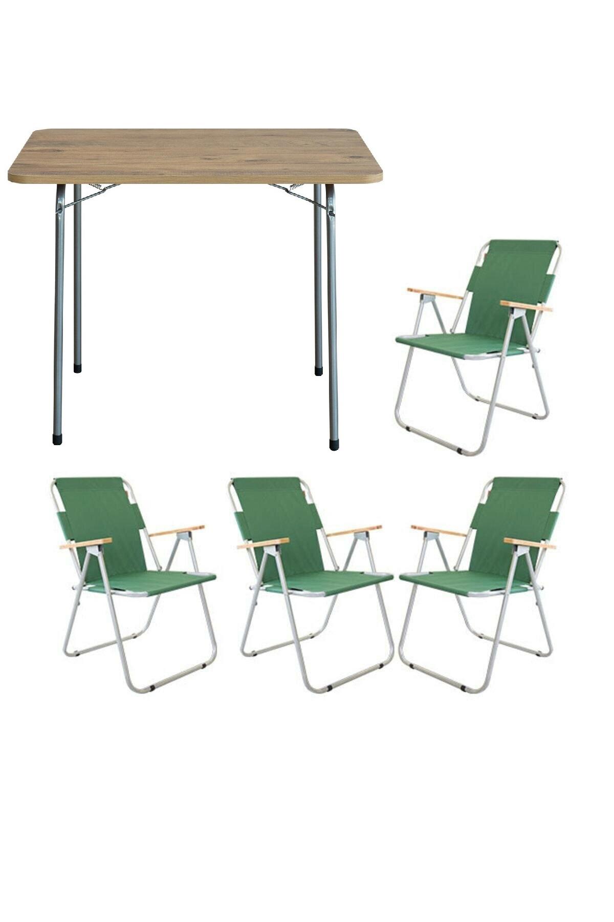 Bofigo 60 x 80 cm Tabureli Çantalı Dikdörtgen Granit Katlanır Kamp Masası Çam + 4 Adet Katlanır Sandalye Yeşil