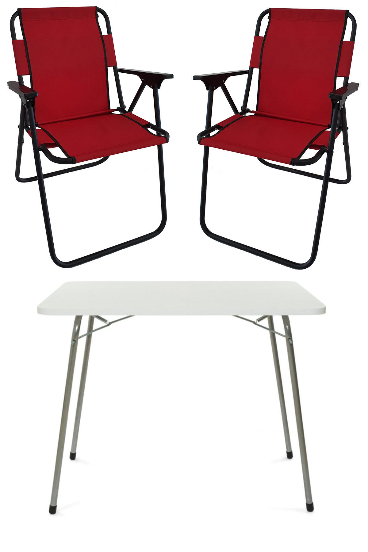 Bofigo 60 x 80 cm Tabureli Çantalı Dikdörtgen Granit Katlanır Kamp Masası Beyaz + 2 Adet Katlanır Sandalye Kırmız