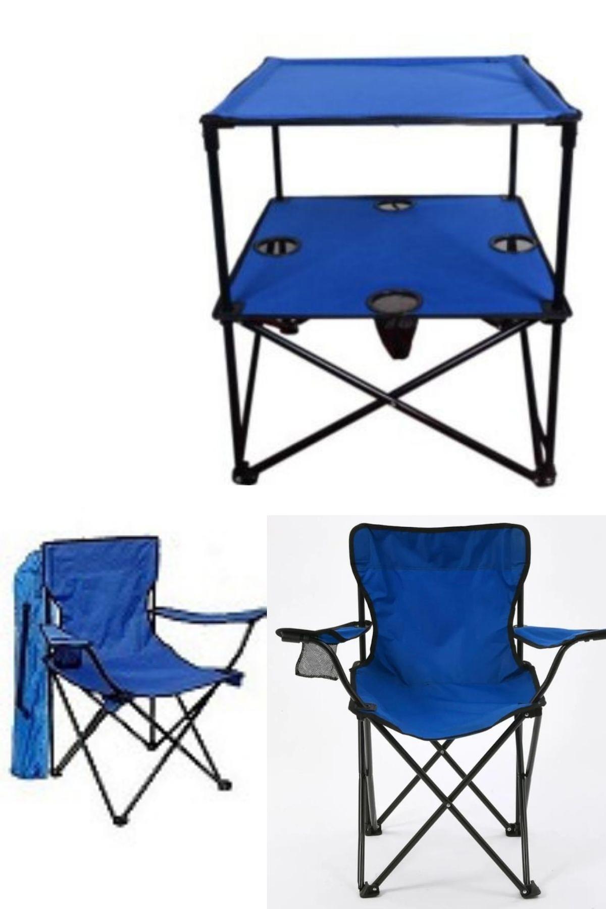 Met 35 58 x 58 cm Tabureli Çantalı Dikdörtgen Kumaş Katlanır Kamp Masası Mavi + 2 Adet Sandalye