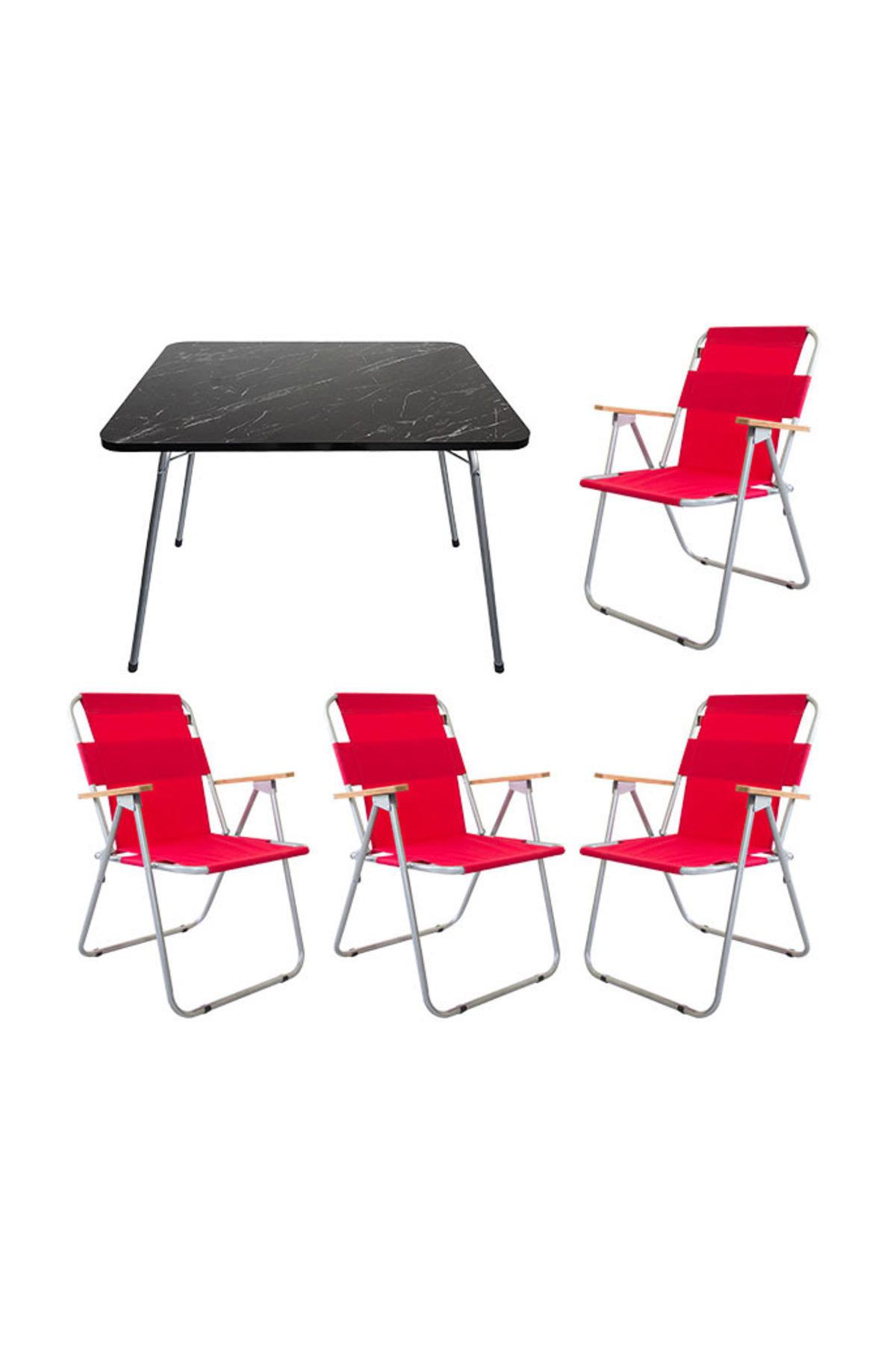 Bofigo 60 x 80 cm Tabureli Çantalı Dikdörtgen Granit Katlanır Kamp Masası Kırmızı + 4 Adet Katlanır Sandalye