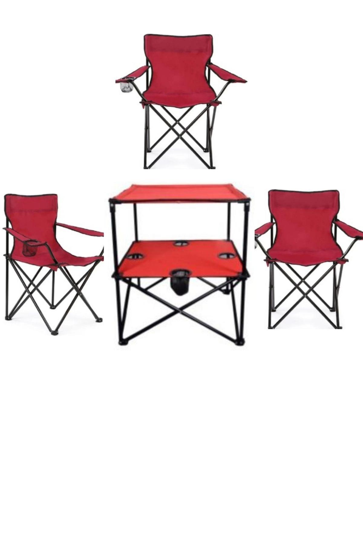 Met 35 58 x 58 cm Tabureli Çantalı Dikdörtgen Kumaş Katlanır Kamp Masası Kırmızı + 3 Adet Sandalye