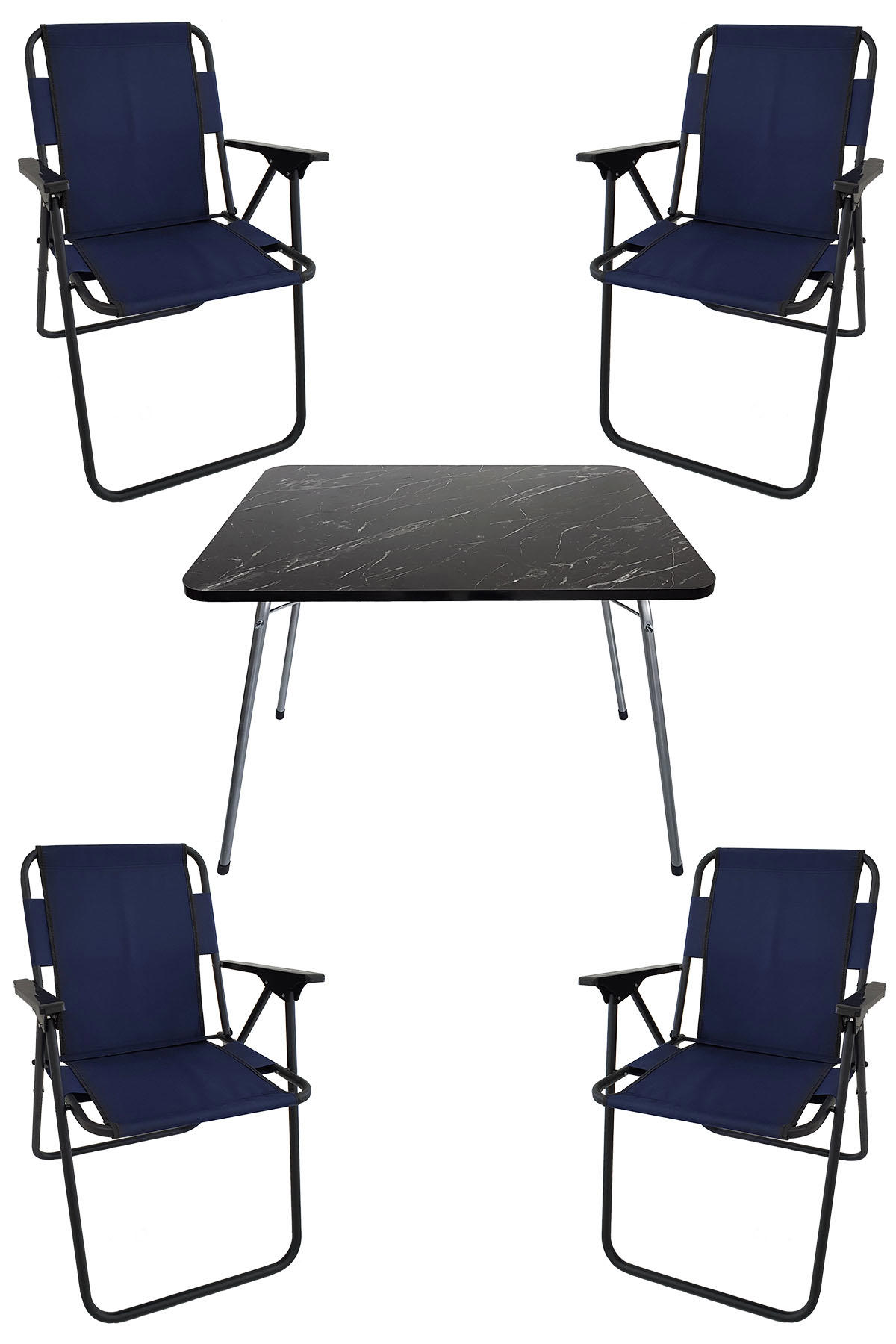 Bofigo 60 x 80 cm Tabureli Çantalı Dikdörtgen Granit Katlanır Kamp Masası Lacivert + 4 Adet Katlanır Sandalye