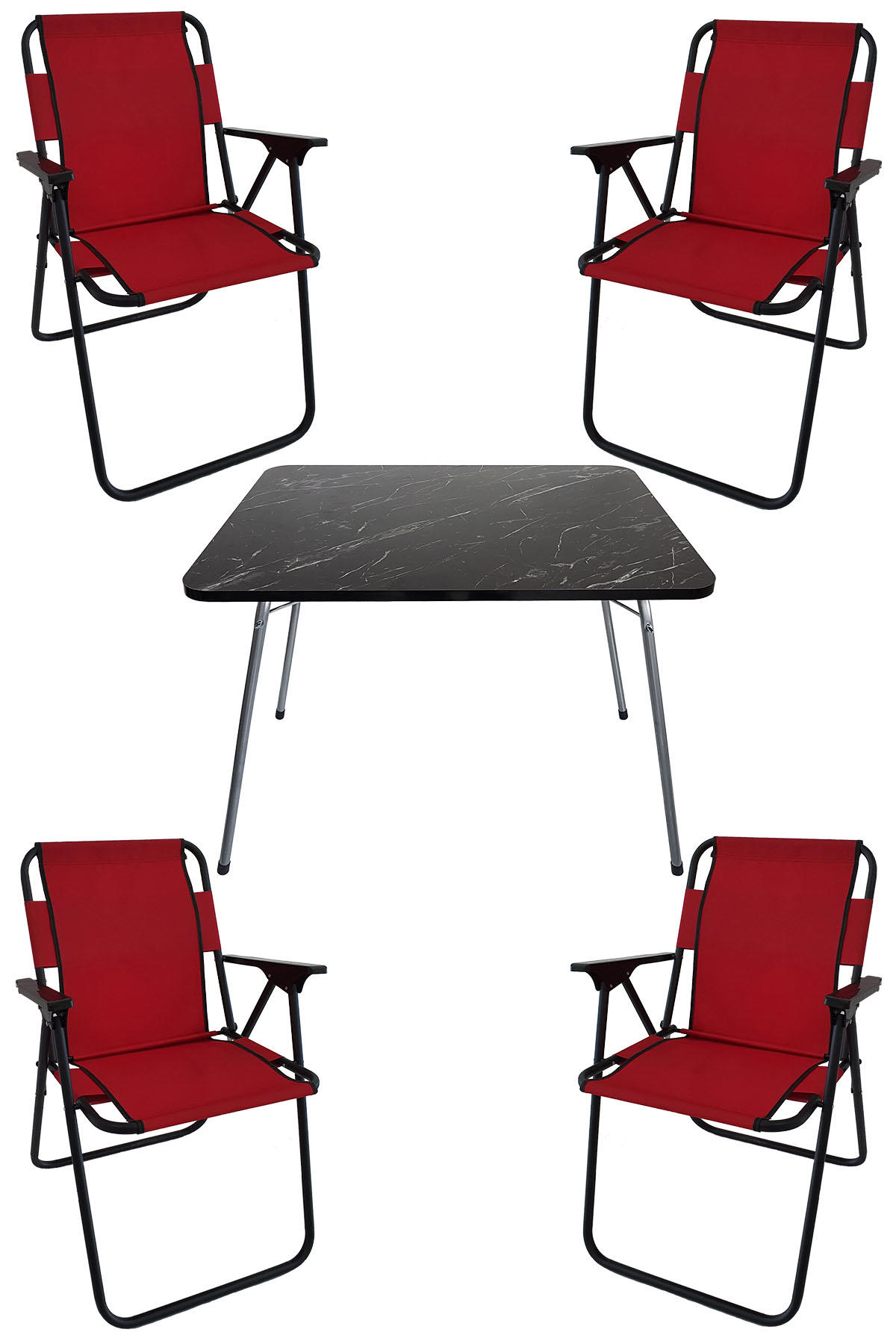 Bofigo 60 x 80 cm Tabureli Çantalı Dikdörtgen Granit Katlanır Kamp Masası Kırmızı + 4 Adet Katlanır Sandalye Kırmızı