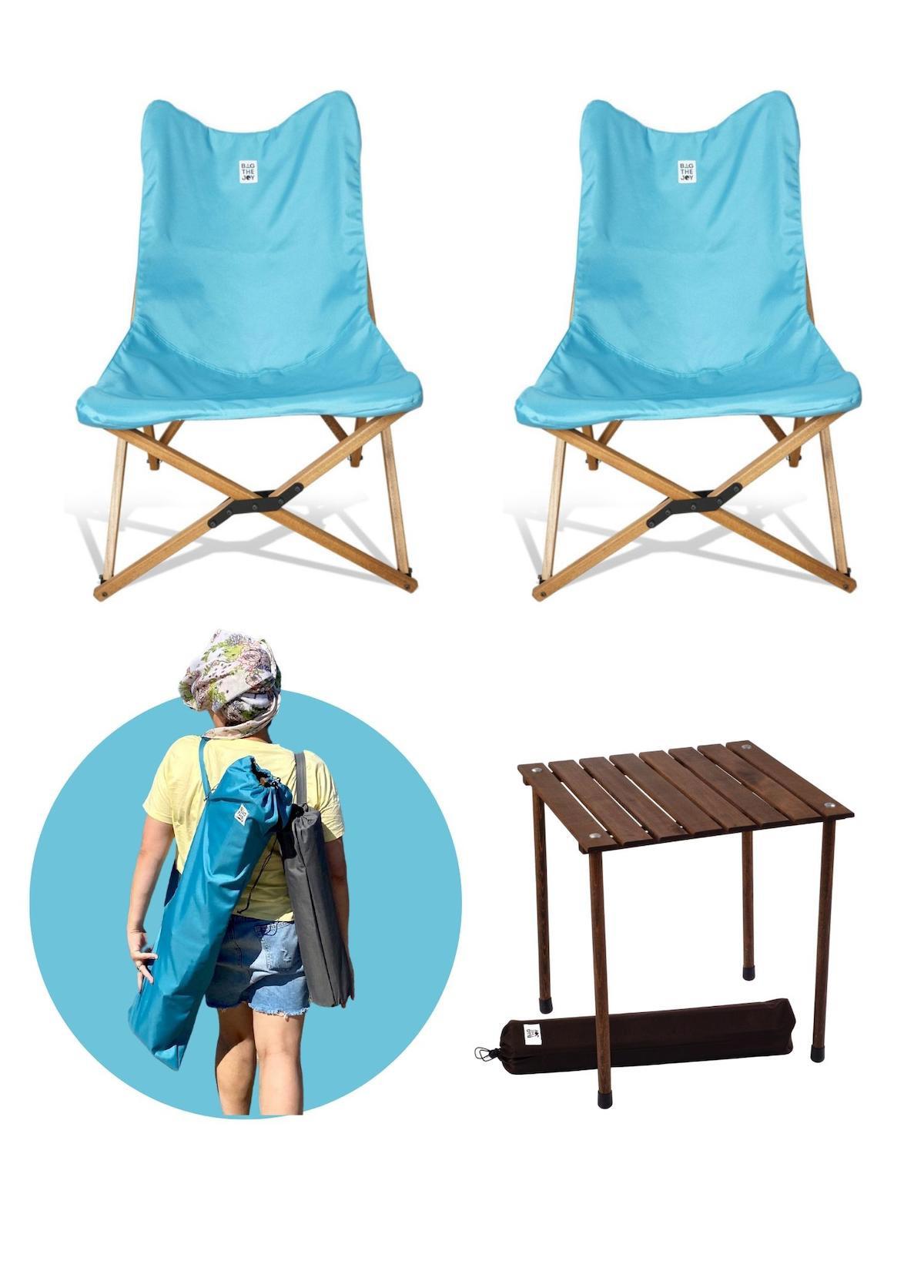 Bag The Joy 50 x 50 cm Tabureli Kare Ahşap Katlanır Kamp Masası Kahverengi + 2 Adet Sandalye Mavi