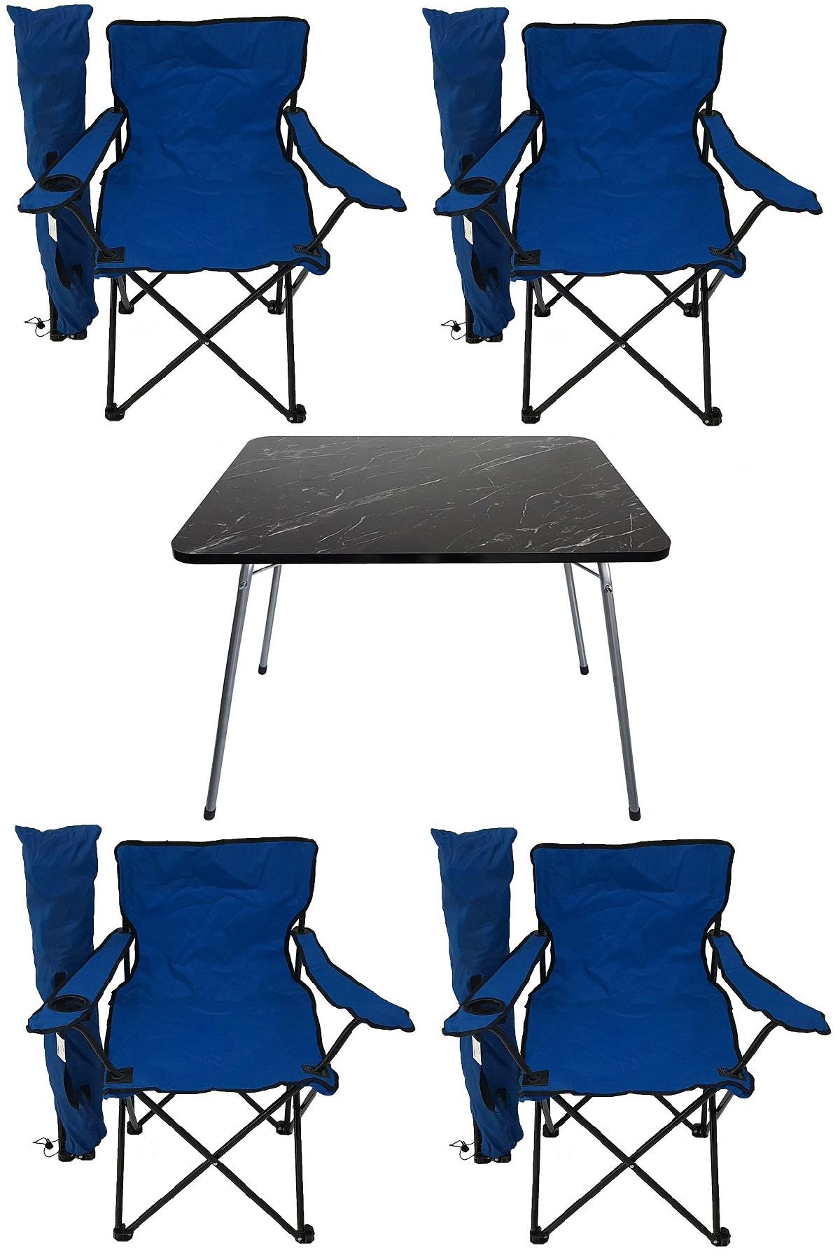 Bofigo 60 x 80 cm Tabureli Çantalı Dikdörtgen Granit Katlanır Kamp Masası Mavi + 4 Adet Katlanır Sandalye
