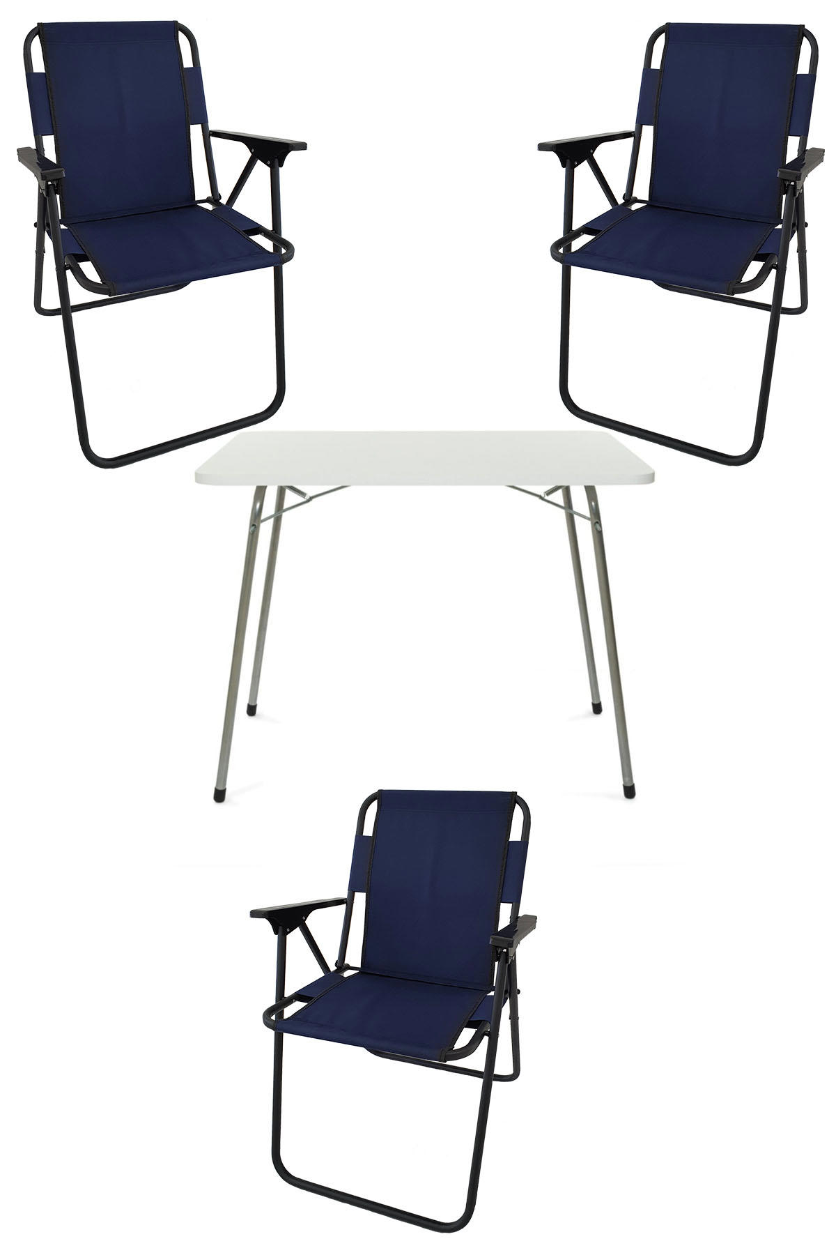 Bofigo 60 x 80 cm Tabureli Çantalı Dikdörtgen Granit Katlanır Kamp Masası Beyaz + 3 Adet Katlanır Sandalye Lacivert