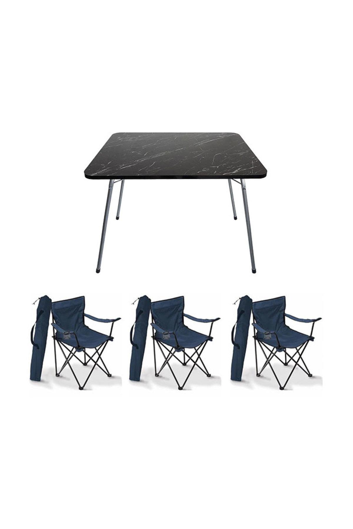 Bofigo 60 x 80 cm Tabureli Çantalı Dikdörtgen Granit Katlanır Kamp Masası Siyah + 3 Adet Katlanır Sandalye