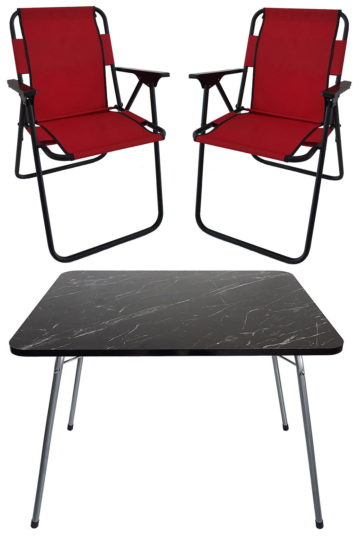 Bofigo 60 x 80 cm Tabureli Çantalı Dikdörtgen Granit Katlanır Kamp Masası Kırmızı + 2 Adet Katlanır Sandalye Kırmızı