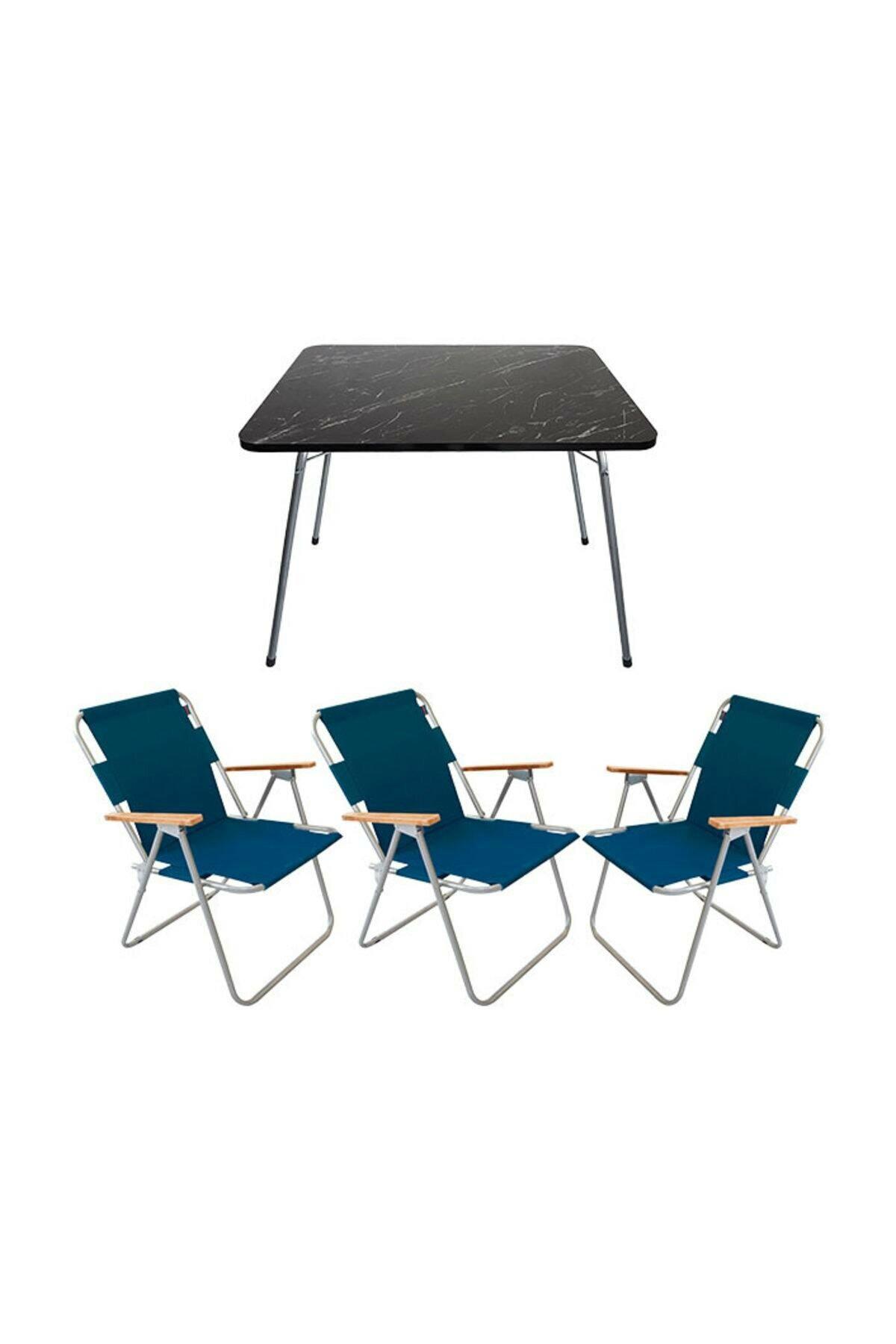 Bofigo 60 x 80 cm Tabureli Çantalı Dikdörtgen Granit Katlanır Kamp Masası Mavi + 3 Adet Katlanır Sandalye