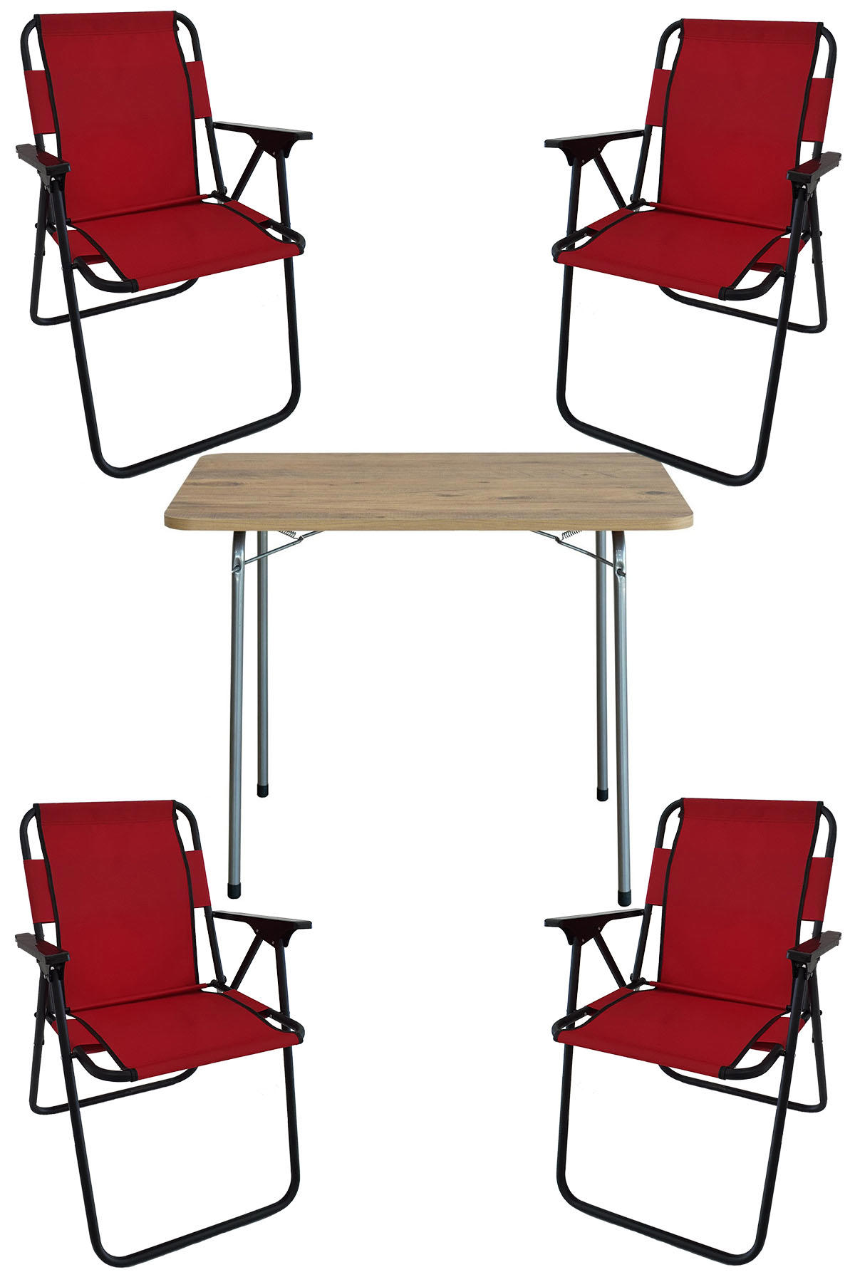 Bofigo 60 x 80 cm Tabureli Çantalı Dikdörtgen Granit Katlanır Kamp Masası Çam + 4 Adet Katlanır Sandalye Kırmızı
