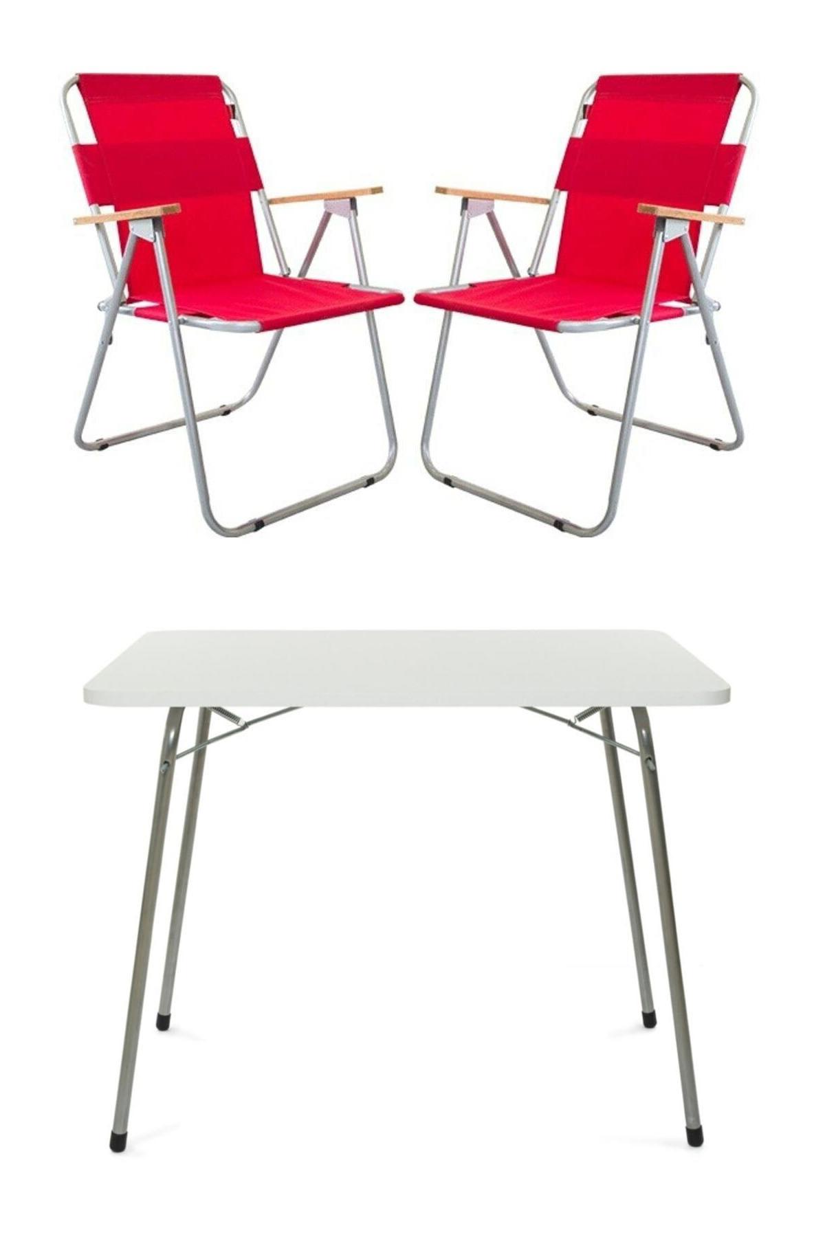Bofigo 60 x 80 cm Tabureli Çantalı Dikdörtgen Granit Katlanır Kamp Masası Beyaz + 2 Adet Katlanır Sandalye Kırmızı