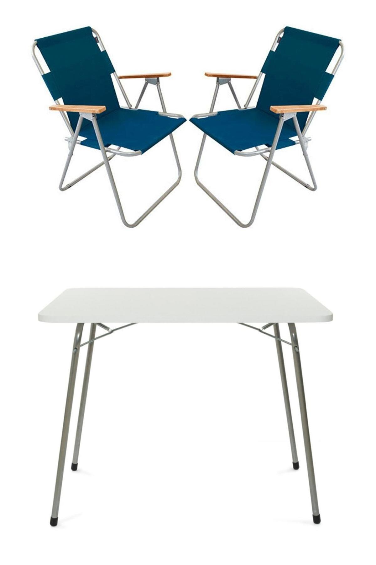 Bofigo 60 x 80 cm Tabureli Çantalı Dikdörtgen Granit Katlanır Kamp Masası Beyaz + 2 Adet Katlanır Sandalye
