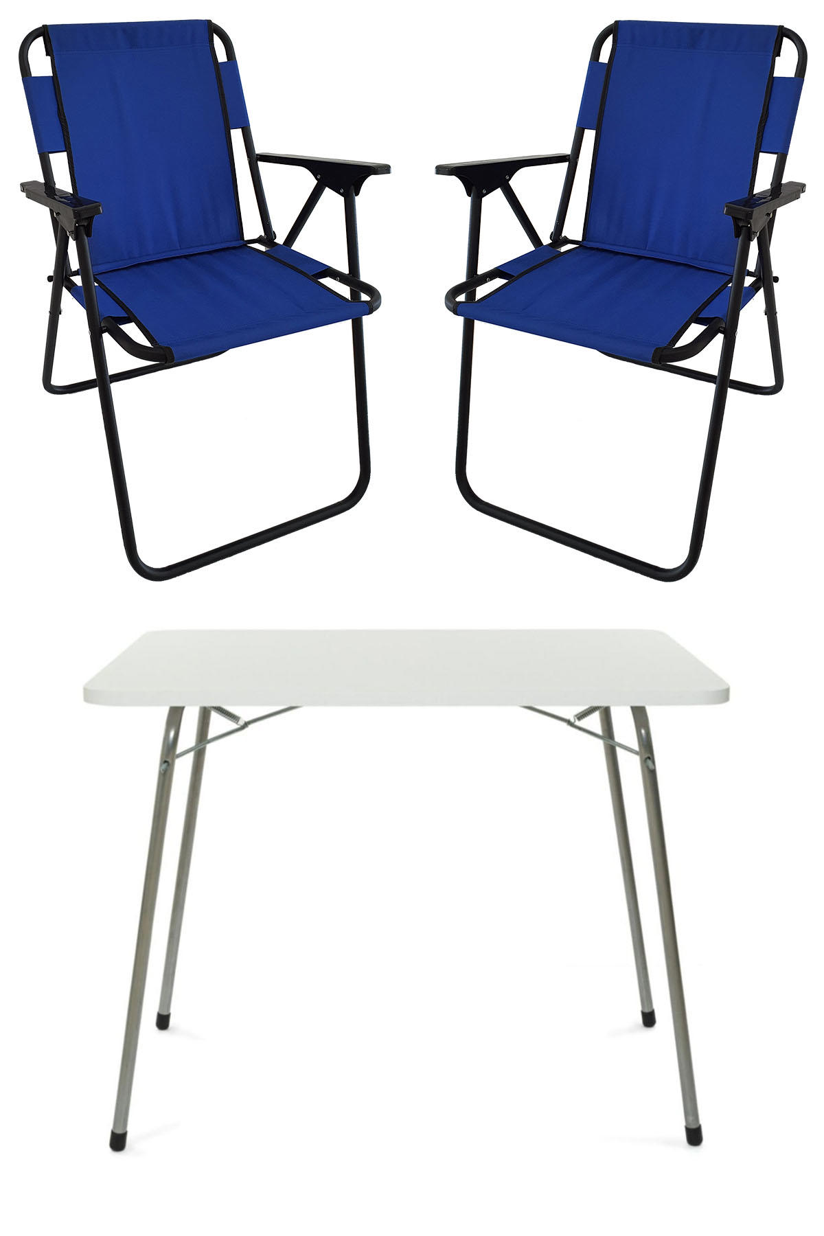 Bofigo 60 x 80 cm Tabureli Çantalı Dikdörtgen Granit Katlanır Kamp Masası Beyaz + 2 Adet Katlanır Sandalye Mavi