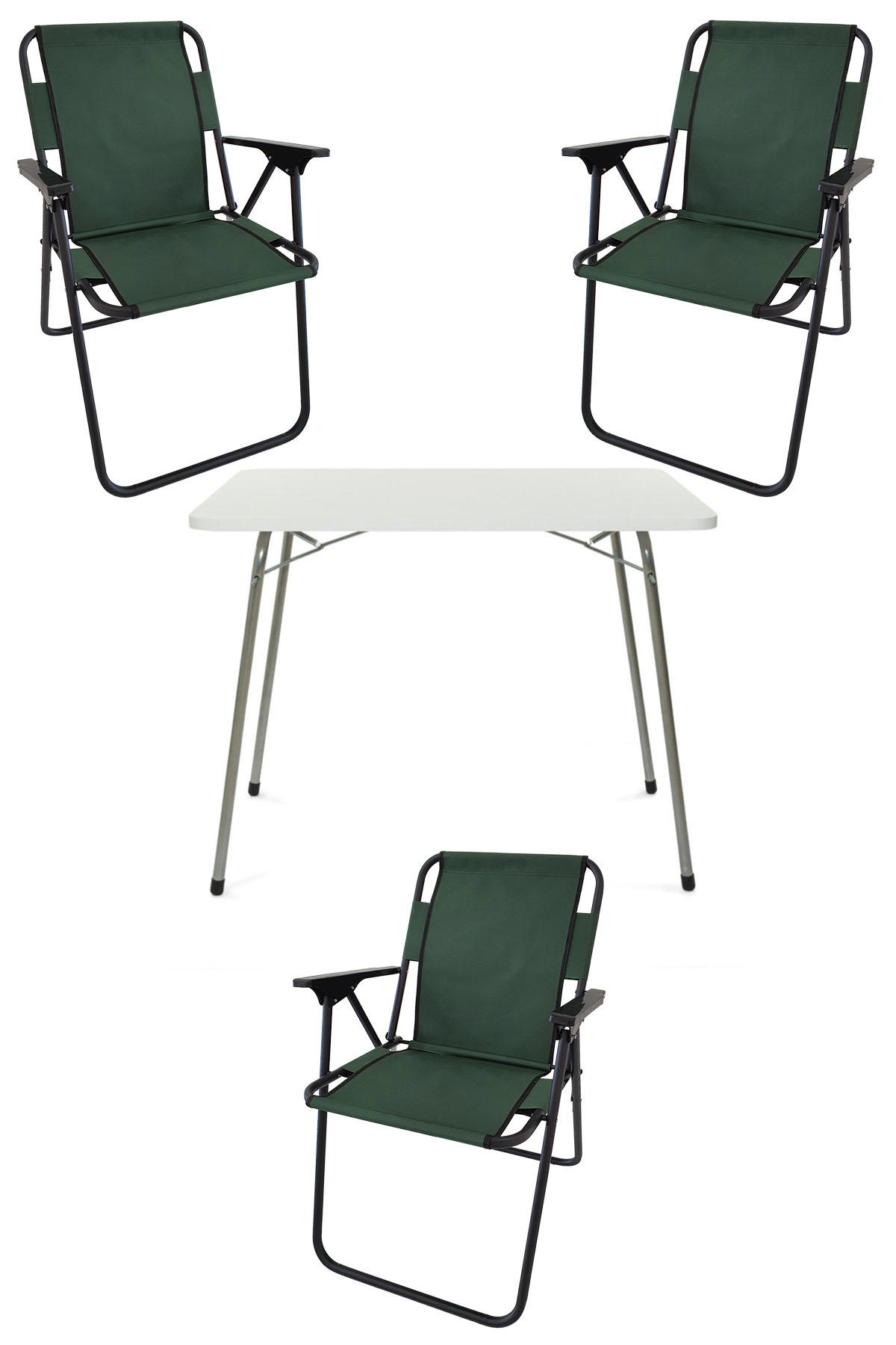Bofigo 60 x 80 cm Tabureli Çantalı Dikdörtgen Granit Katlanır Kamp Masası Beyaz + 3 Adet Katlanır Sandalye Yeşil