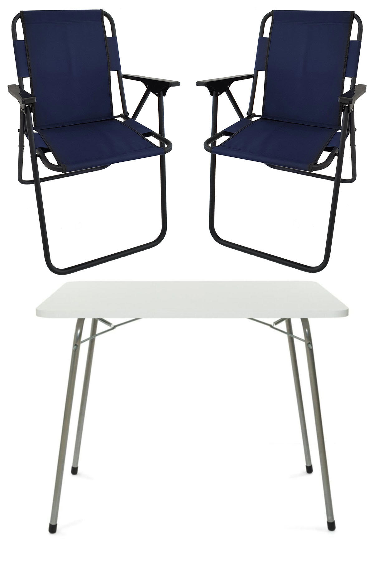 Bofigo 60 x 80 cm Tabureli Çantalı Dikdörtgen Granit Katlanır Kamp Masası Beyaz + 2 Adet Katlanır Sandalye Lacivert