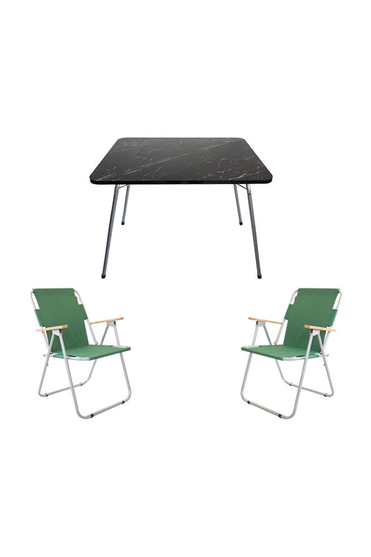 Bofigo 60 x 80 cm Tabureli Çantalı Dikdörtgen Granit Katlanır Kamp Masası Siyah + 2 Adet Katlanır Sandalye Yeşil