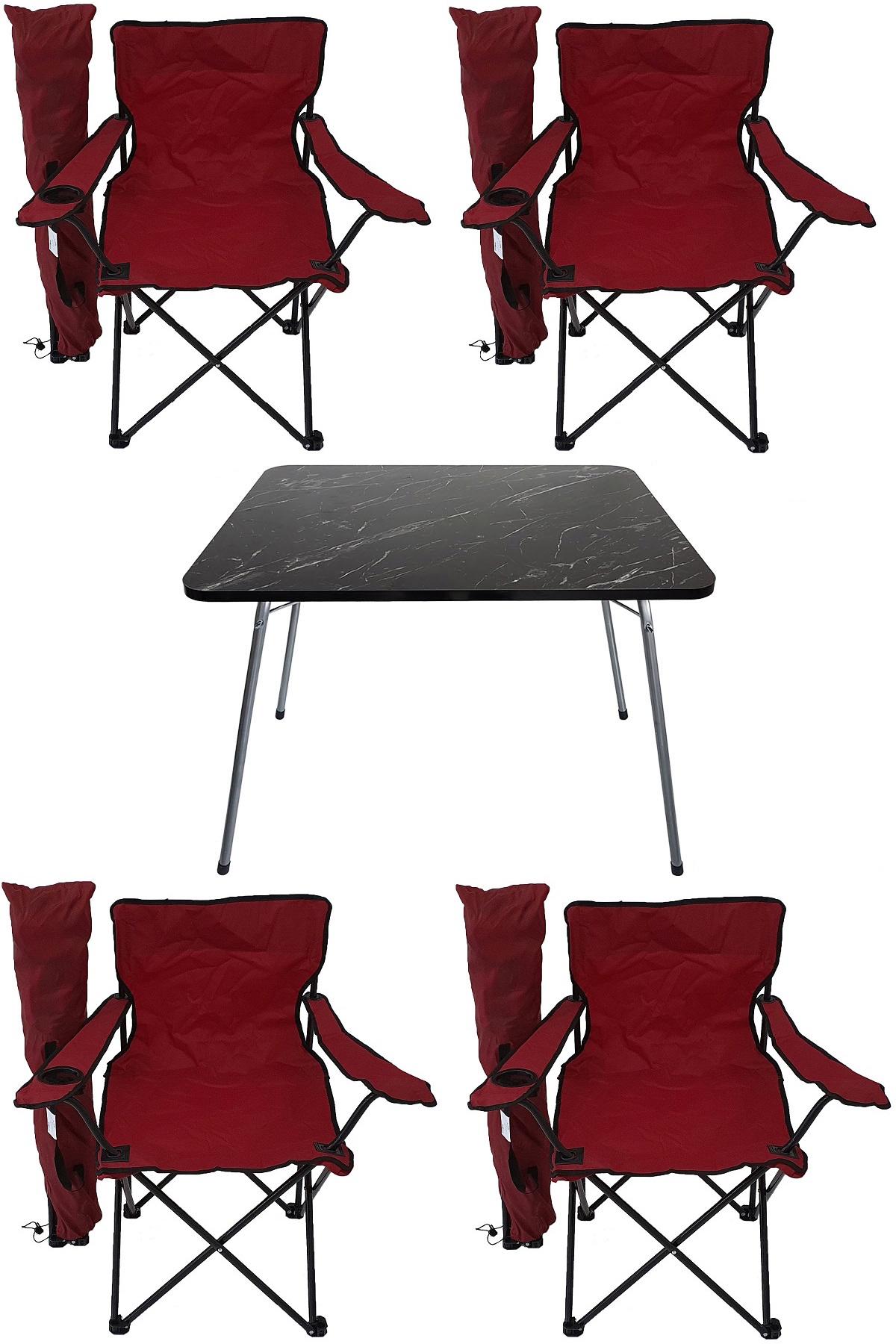 Bofigo 60 x 80 cm Tabureli Çantalı Dikdörtgen Granit Katlanır Kamp Masası Siyah + 4 Adet Katlanır Sandalye Kırmızı