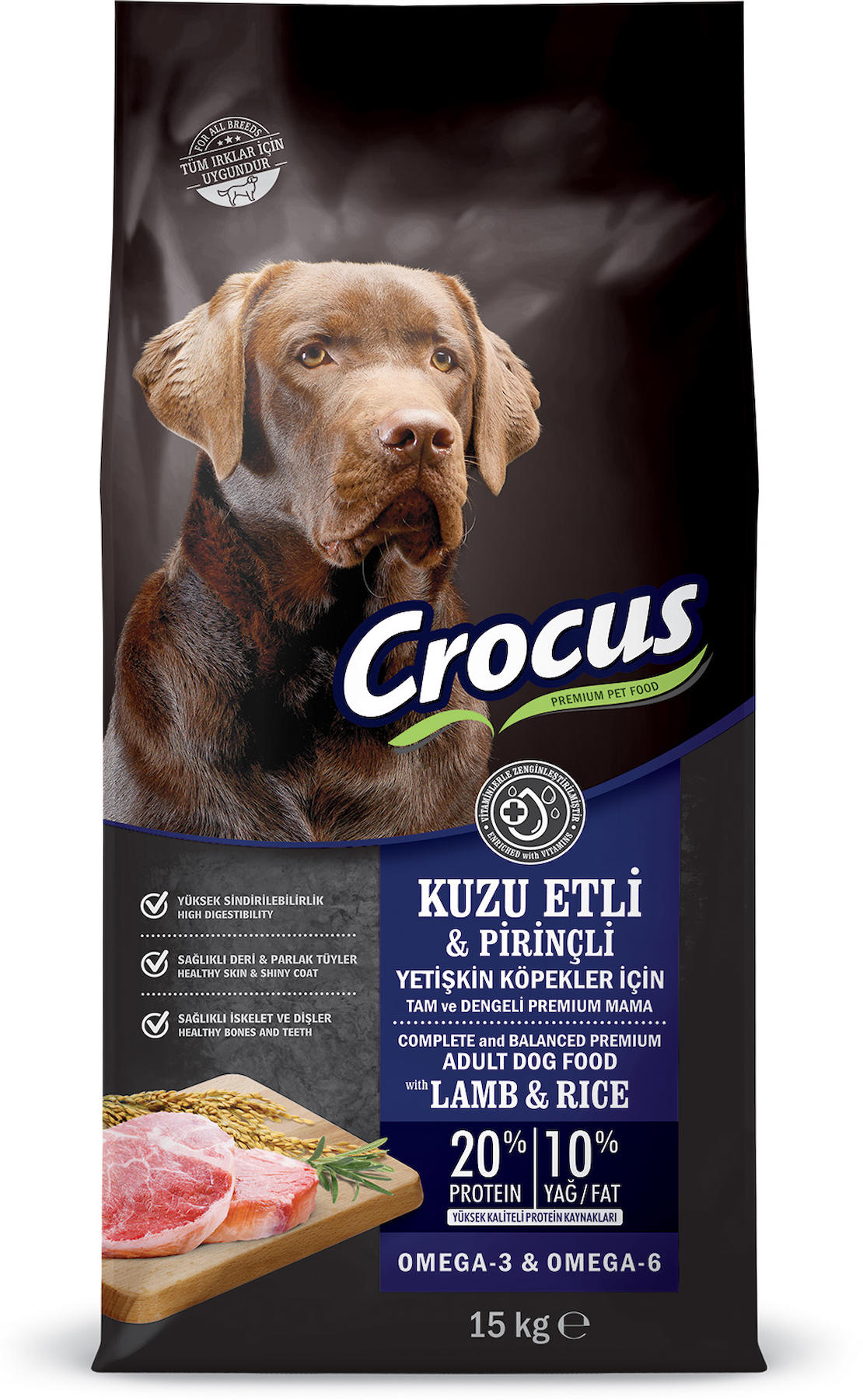 Crocus Kuzu Etli ve Pirinçli Tüm Irklar Yetişkin Kuru Köpek Maması 15 kg