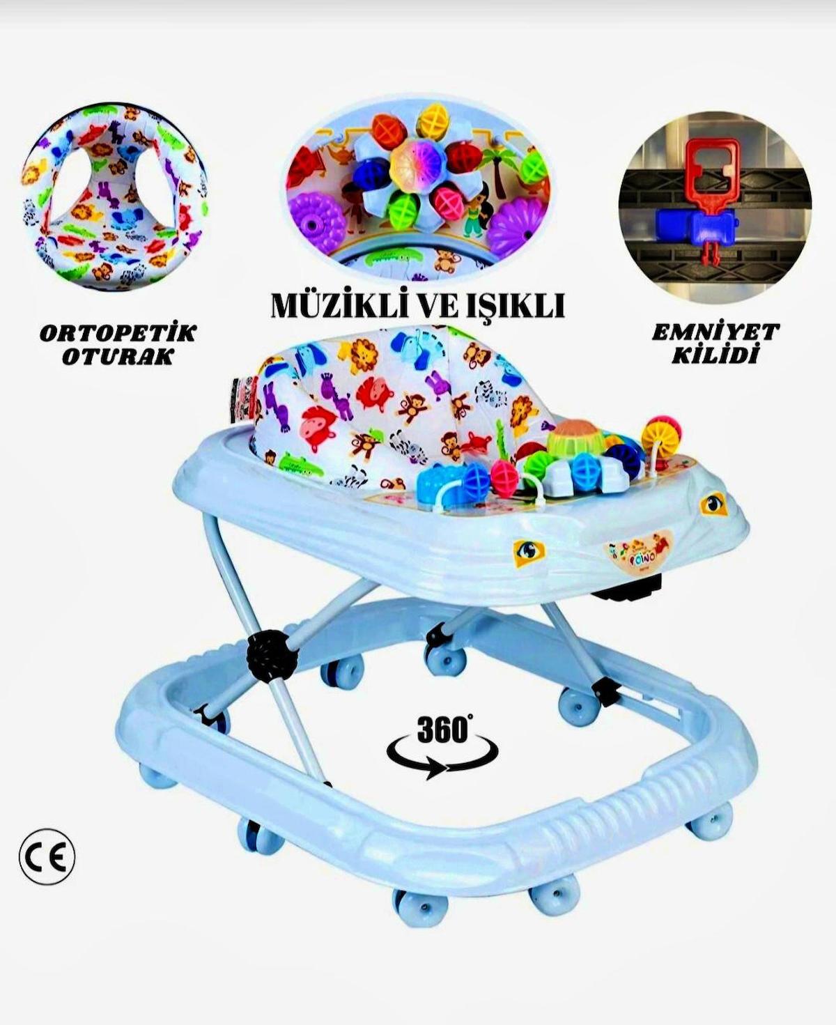 Taşpınar Ayvella Maymunlu 8 Tekerlekli Oyuncaklı Müzikli Örümcek Yürüteç Mavi