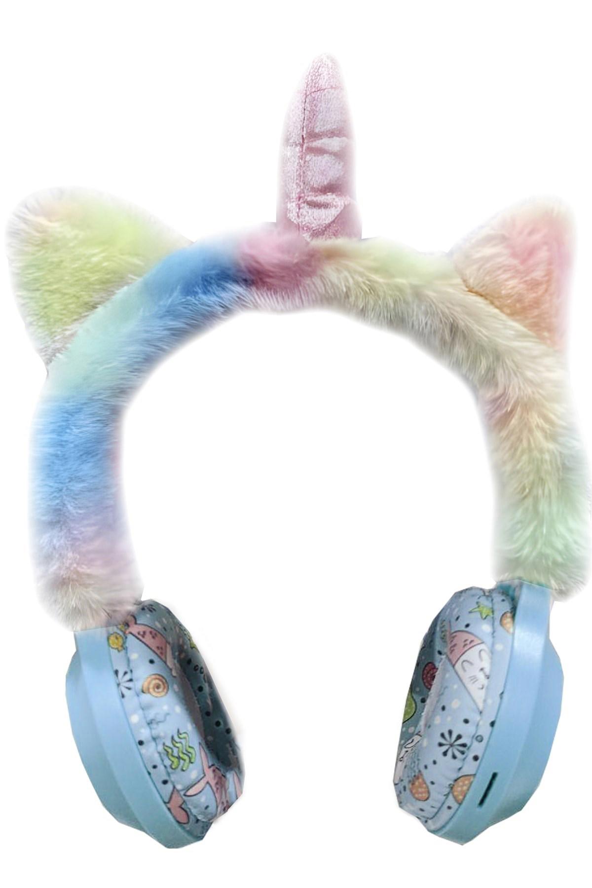 Pazariz Tüylü Gürültü Önleyici Kablosuz Kulak Üstü Bluetooth Kulaklık Mavi