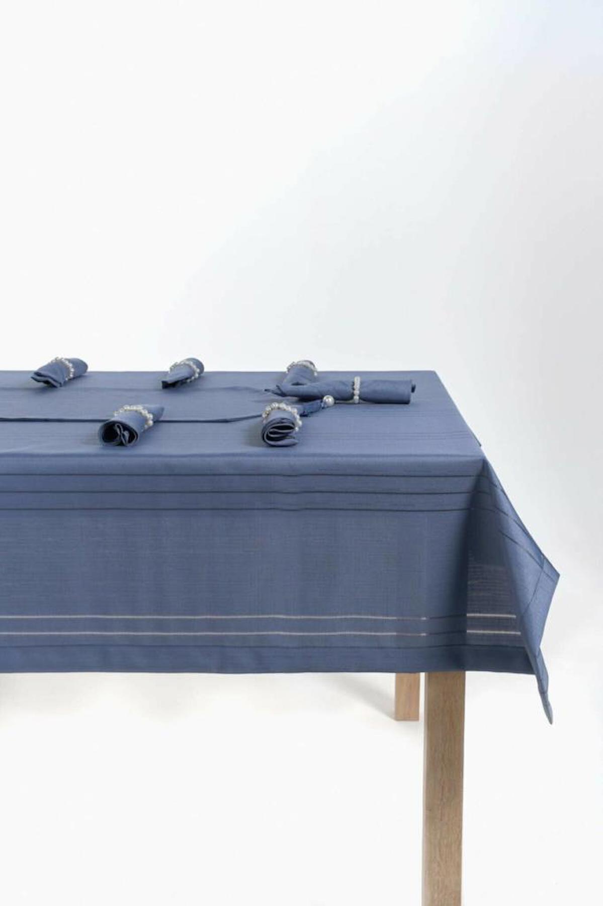 Nevresim Dünyası Pamuk 160 x 220 cm Dertsiz Dikdörtgen Masa Örtüsü İndigo-Mavi