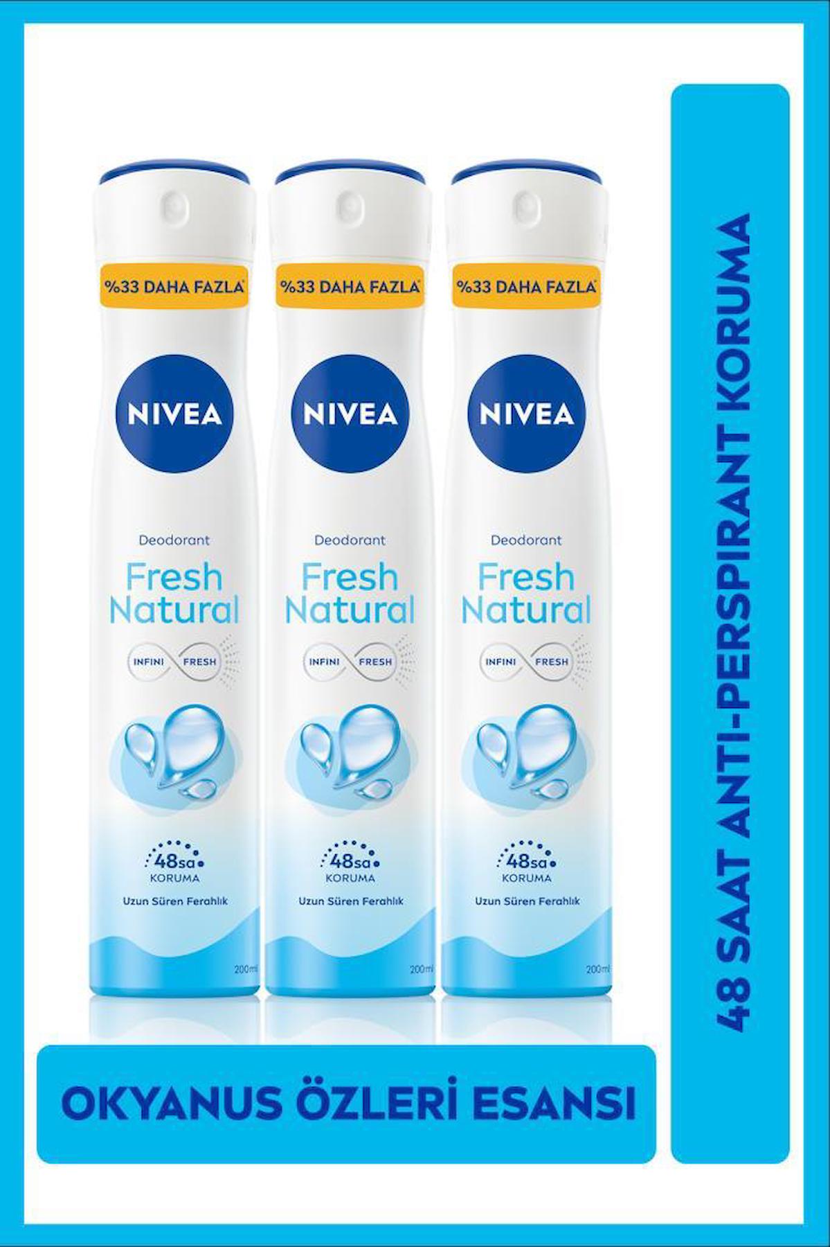 Nivea Fresh Natural Pudrasız Ter Önleyici Antiperspirant Sprey Kadın Deodorant 3x200 ml