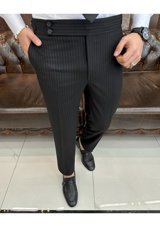 Terziademaltun İtalyan Stil Slim Fit Bel Detaylı Çizgili Erkek Pantolon Siyah T11431-Siyah 32