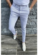 Oksit Zoom 108 Desenli Slim Fit Likralı Keten Pantolon Mavi 32