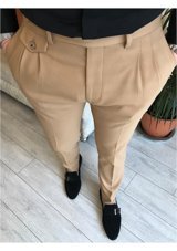 Terziademaltun Italyan Stil Slim Fit Erkek Pileli Kumaş Pantolon Camel T5289 32
