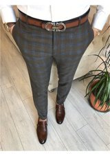 Terziademaltun Italyan Stil Slim Fit Erkek Ekose Kumaş Pantolon Kahverengi T6493 30