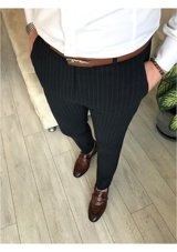 Terziademaltun Italyan Stil Slim Fit Erkek Kumaş Pantolon Çizgili Lacivert T4912 33