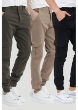 Damga Jeans Paçası Lastikli Kargo Cep Pantolon Haki-Camel-Siyah Rengi Çok Renkli L